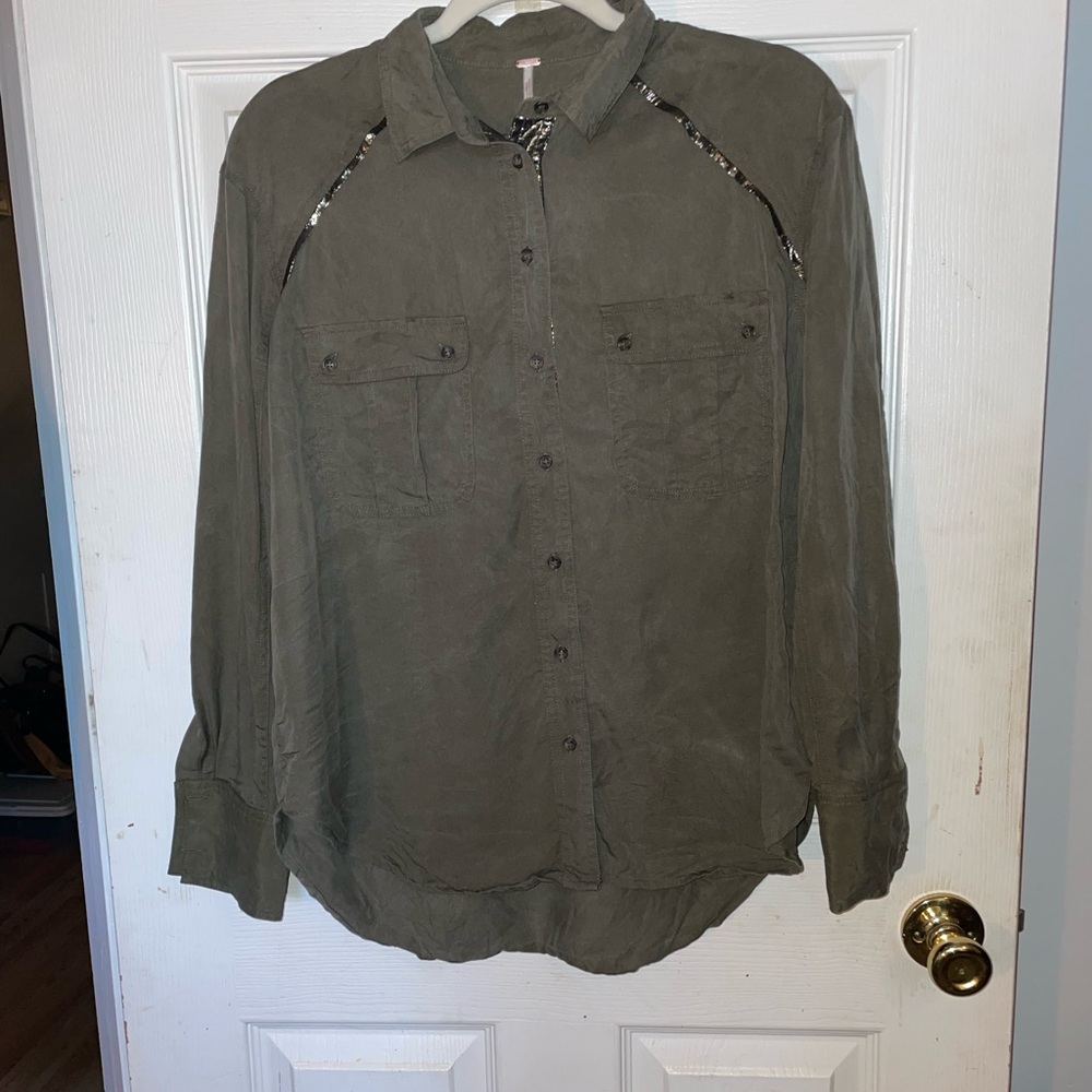 Free People long sleeve button up blouse with metallic trim - size S